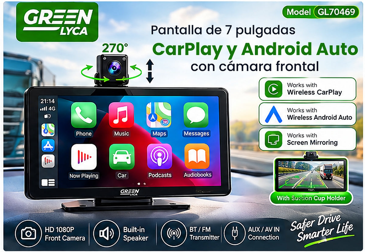 Pantalla CarPlay y Android Auto 7" con Cámara Frontal HD – Visión y Conectividad para Camión