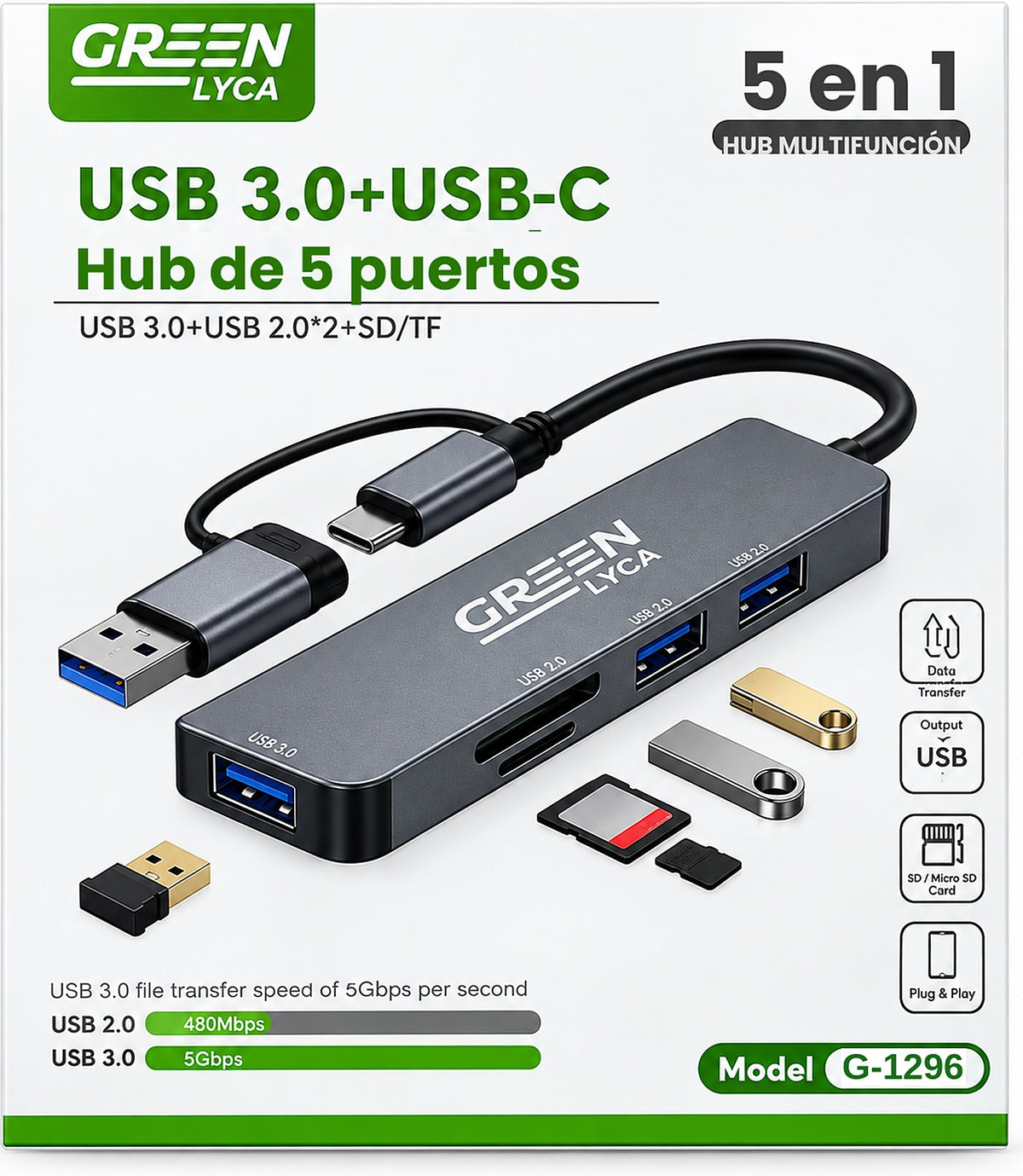 Hub USB-C y USB-A 5 en 1 con Lector de Tarjetas SD/TF – Para Portátil en Cabina