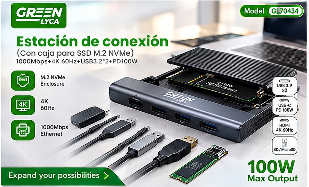 Docking Station USB-C 100W con Ethernet, HDMI 4K y Ranura SSD M.2 – Un Cable para Todo