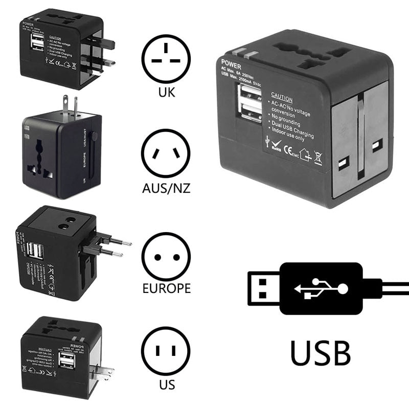 Adaptador de Viaje Universal con USB para Enchufes Internacionales