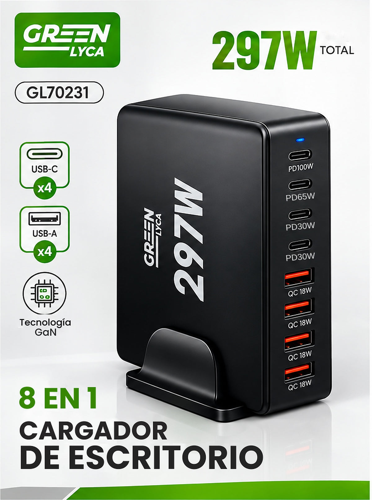 Cargador de Escritorio 8 Puertos 297W (4 USB-C + 4 USB-A) – Carga Todo en Cabina