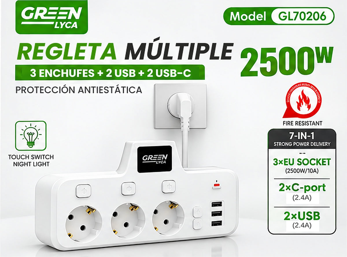 Regleta 3 Enchufes + 2 USB-A + 2 USB-C con Luz Nocturna Táctil – 7 Dispositivos desde un Solo Enchufe