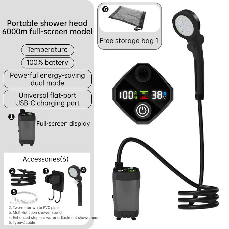 Ducha Portátil para Camping y Senderismo - 6000mAh Recargable con Pantalla Digital Completa