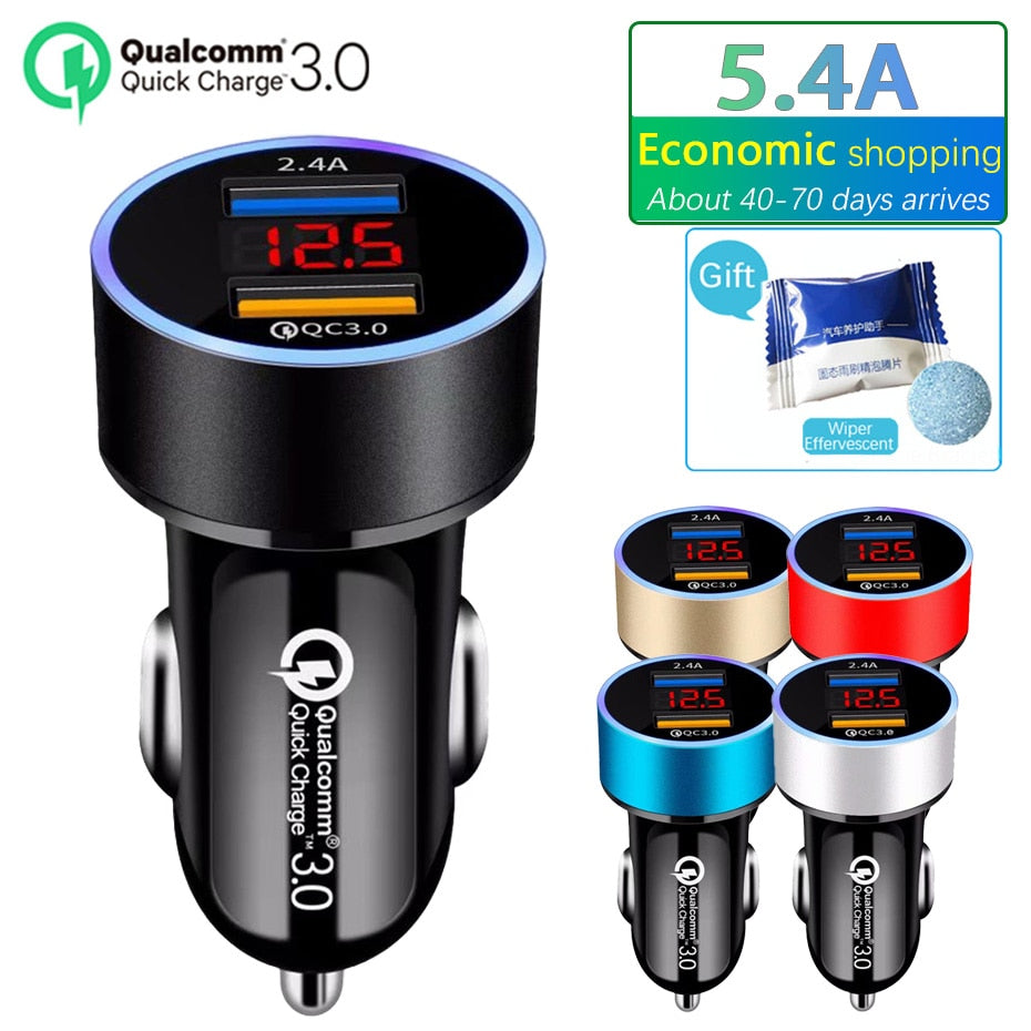 Cargador Doble USB QC3.0 para Coche con Pantalla LCD 12-24V