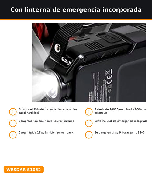 Arrancador de Batería Jump Starter 16000mAh con Compresor de Aire e Inflador para Coche