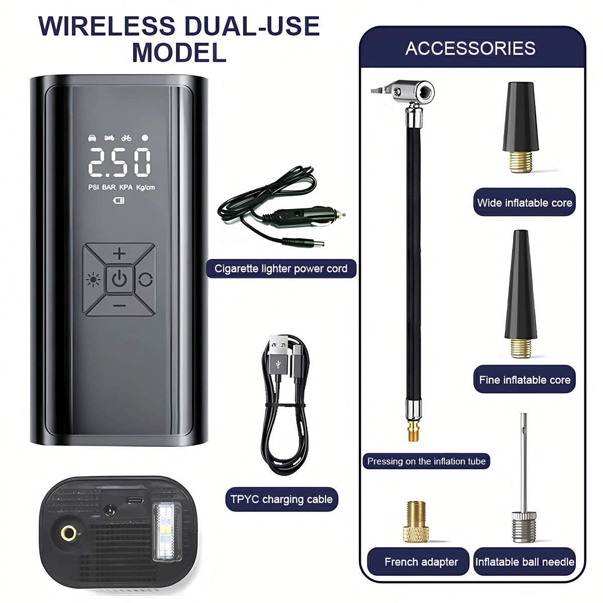 Compresor de Aire Portátil para Coche 6000mAh – 12V 150PSI Inflador Eléctrico Inalámbrico para Moto, Bici, Barco y Coche