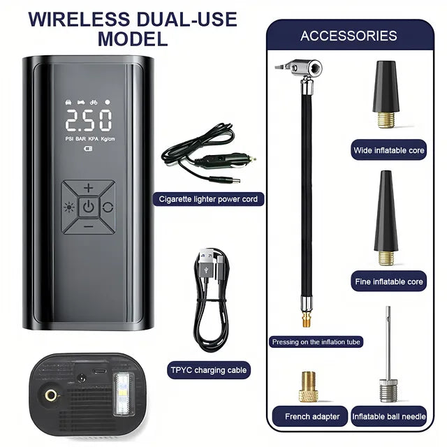 Compresor de Aire Portátil para Coche 6000mAh – 12V 150PSI Inflador Eléctrico Inalámbrico para Moto, Bici, Barco y Coche