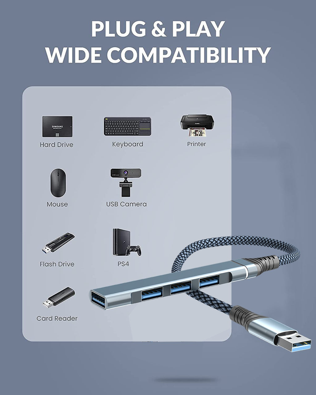 Hub USB 3.0 con 4 Puertos Adaptador para Portátil y Camión