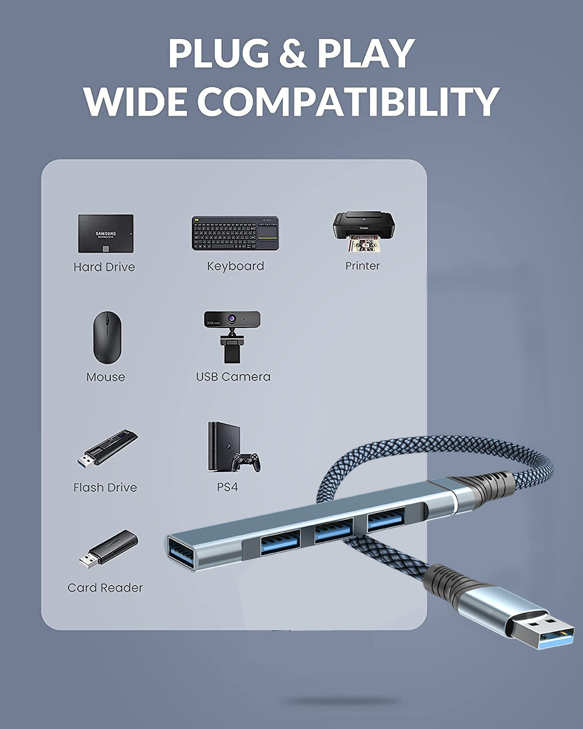 Hub USB 3.0 con 4 Puertos Adaptador para Portátil y Camión