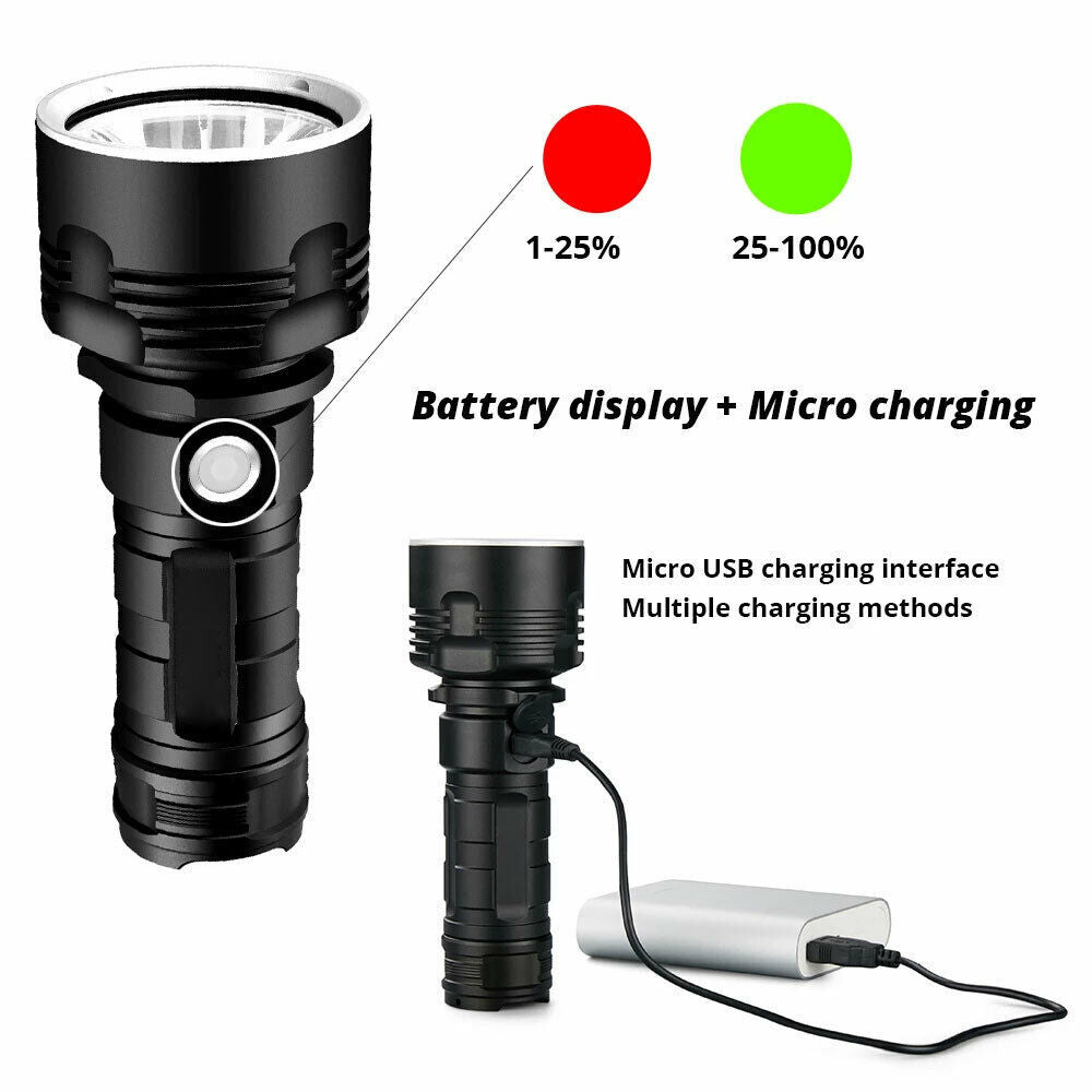 Linterna Táctica LED P50 12000 lm con Carga USB y Pantalla de Batería
