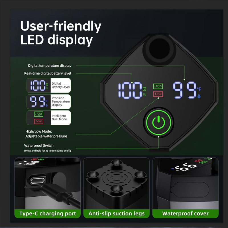 Ducha Portátil para Camping y Senderismo - 6000mAh Recargable con Pantalla Digital Completa