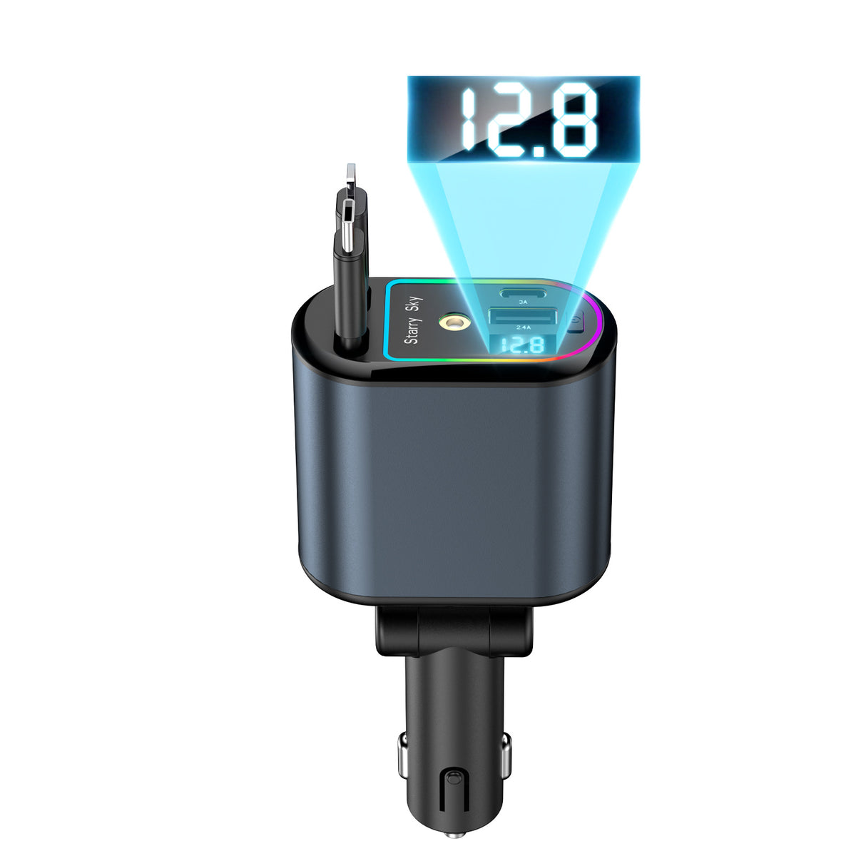 Cargador de Coche Retráctil C9 120W Multifunción 4 en 1 (Pantalla Digital y Techo Estrellado)