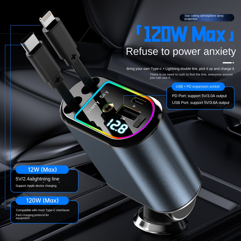 Cargador de Coche Retráctil C9 120W Multifunción 4 en 1 (Pantalla Digital y Techo Estrellado)