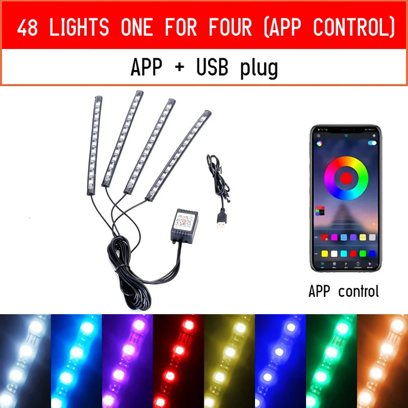 Luces LED RGB para Interior de Vehículo con Control por App y Música