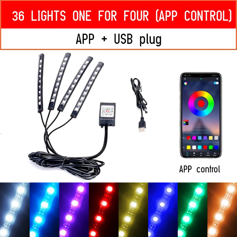 Luces LED RGB para Interior de Vehículo con Control por App y Música