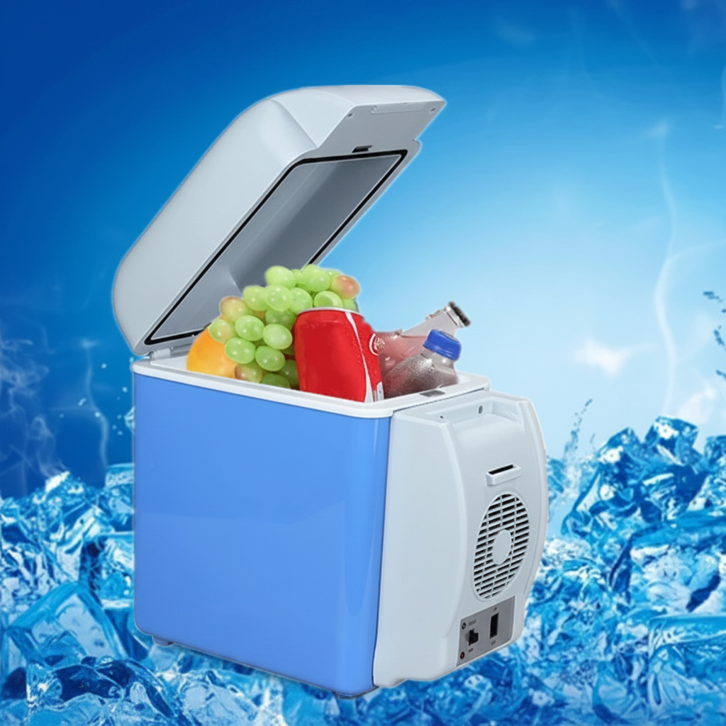 Nevera abierta con frutas y bebidas